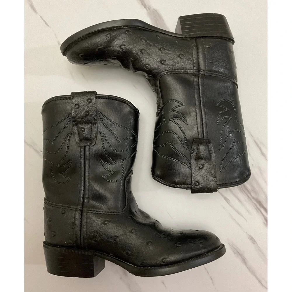 Old West Kids Black Faux Ostrich‎ Western Cowboy Boots Round Toe Size 7.5 2010